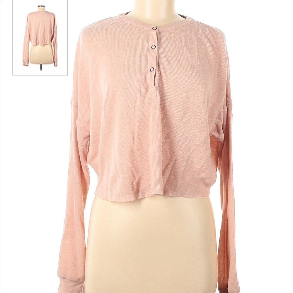 UO Light pink Henley waffle top - out front under line
